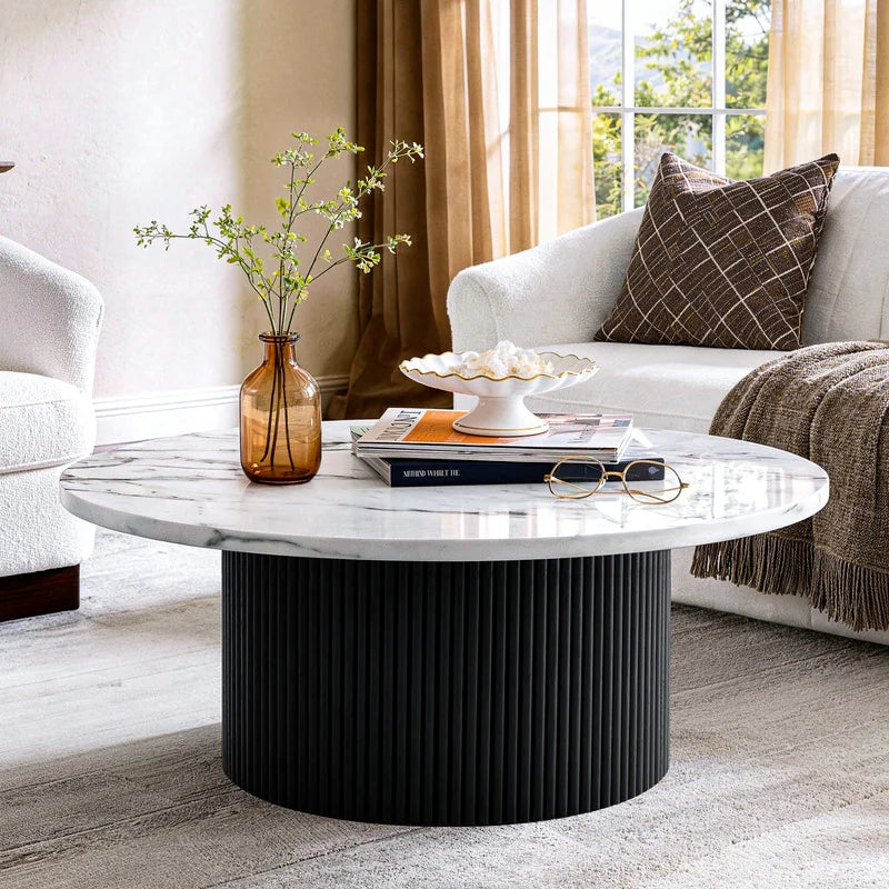 Black Modern Round Coffee Table with Solid Wood Fluted Design