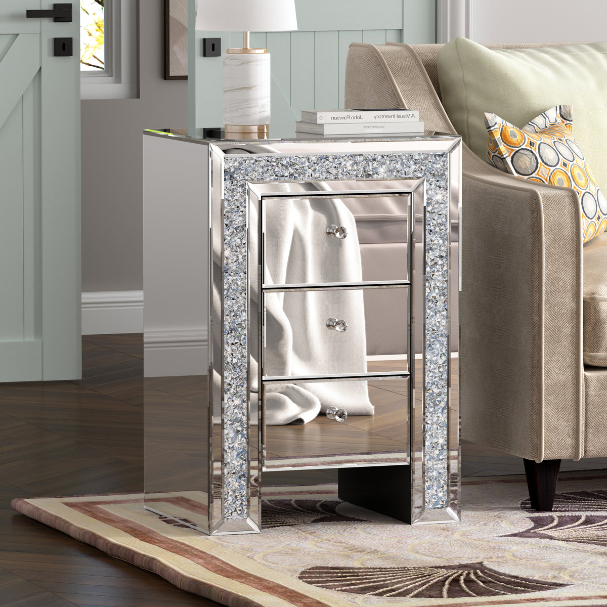 SHYFOY Crushed Diamond Mirrored Nightstand with 3 Drawers