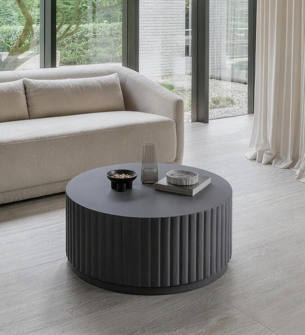 Black Modern Ribbed Round Concrete Coffee Table