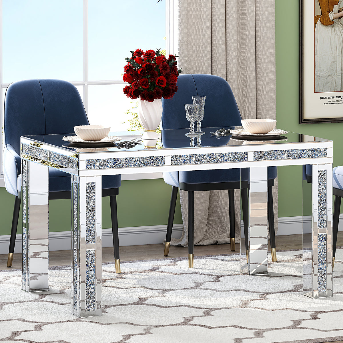 Mesa de comedor rectangular con diamantes triturados