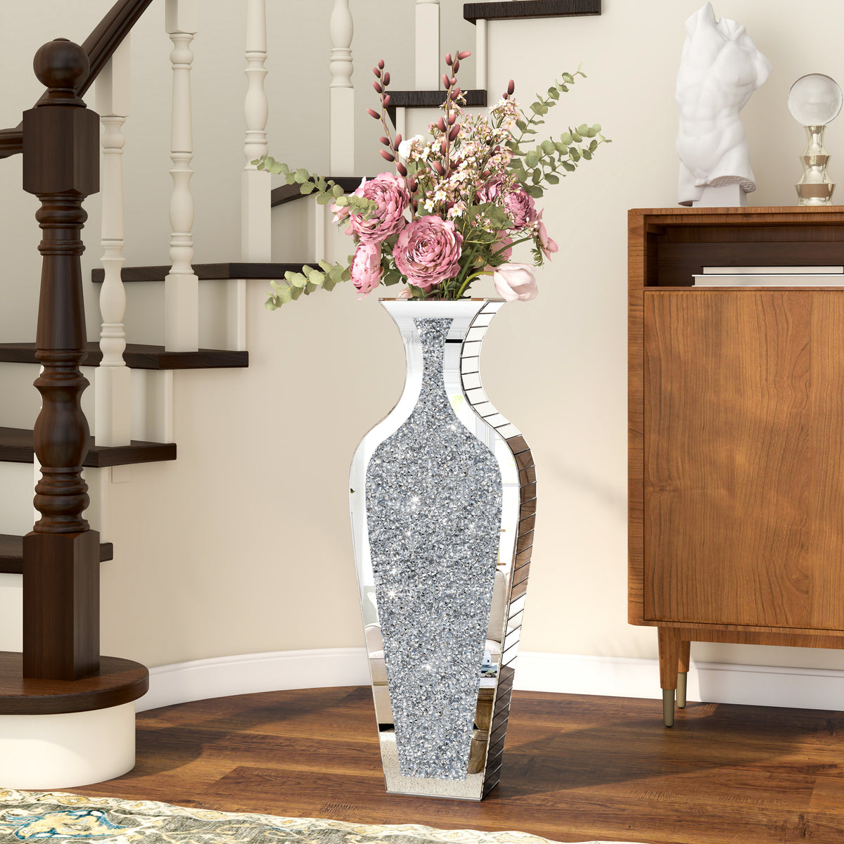 Sleek Mirrored Glass Floor Vase with Crushed Diamond Inlay