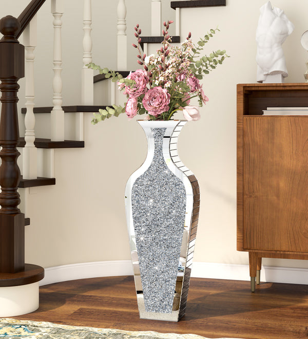 Sleek Mirrored Glass Floor Vase with Crushed Diamond Inlay
