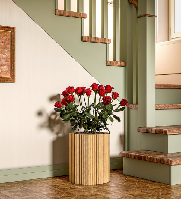 Tall Solid Wood Floor Vase for Living Room Decor – Handcrafted Rustic Wooden Vase with Natural Wood Strips