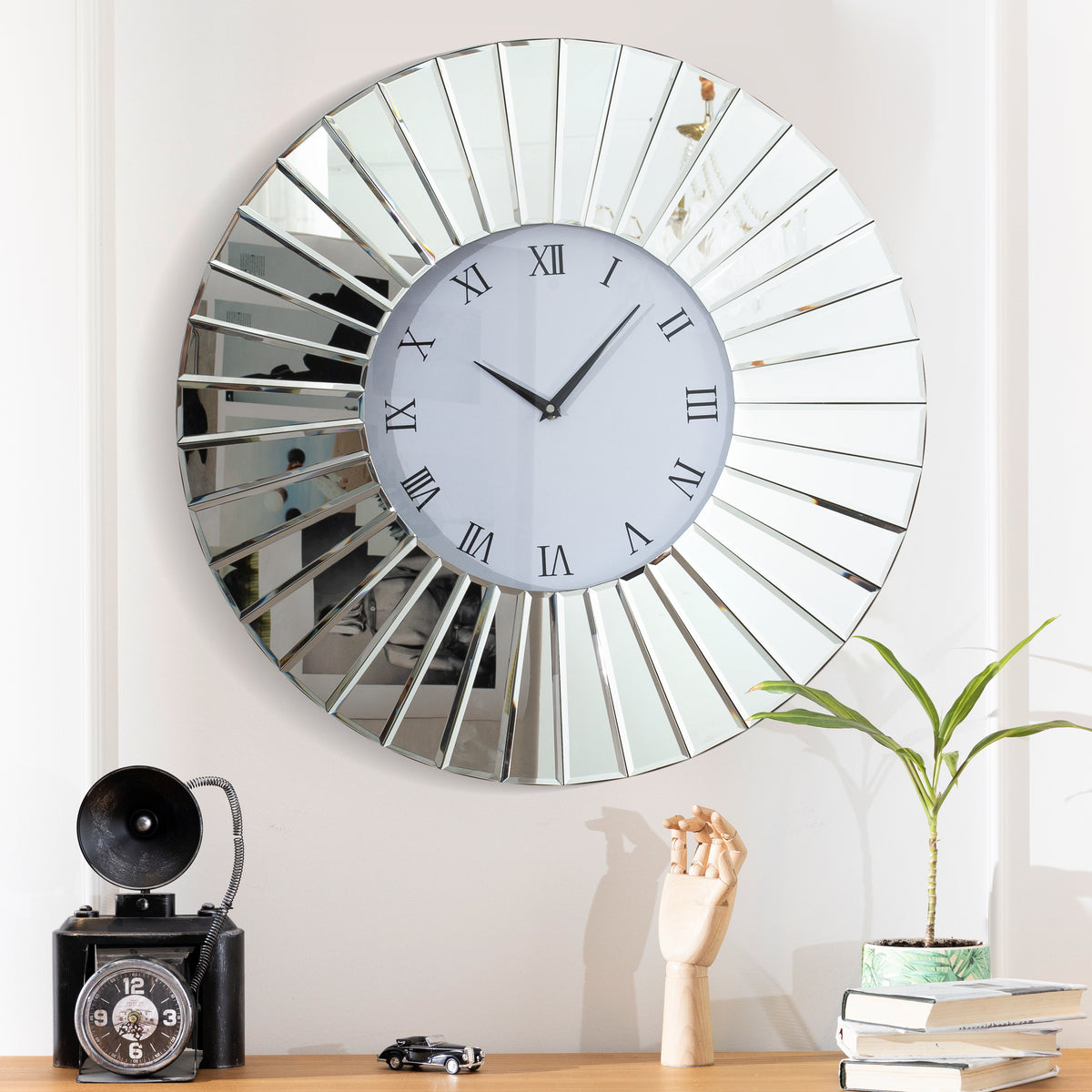 SHYFOY Moderne Wanduhr Verspiegelter Fächerrahmen
