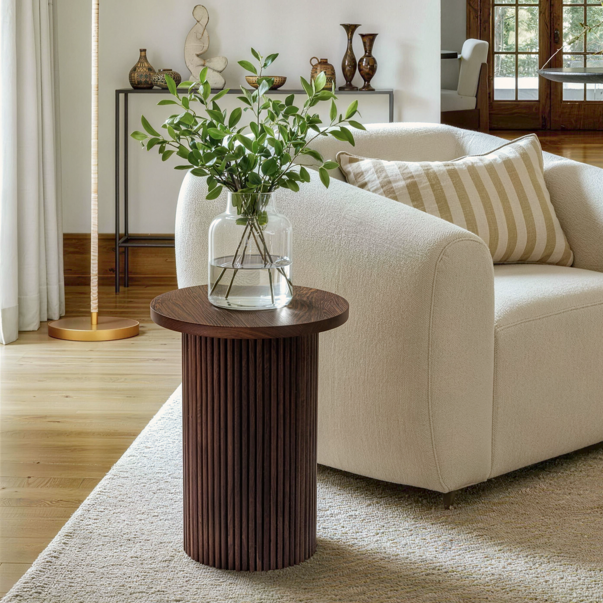 Walnut Round Wood End Table Fluted Pedestal Side Table