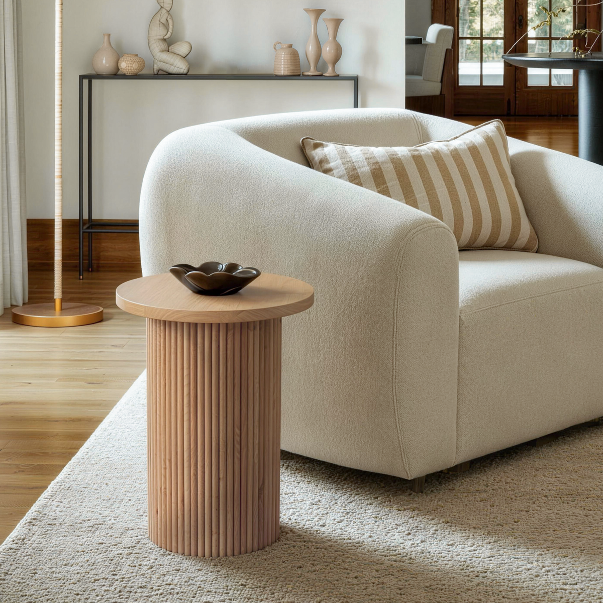Natural Wood Round Wood End Table Fluted Pedestal Side Table