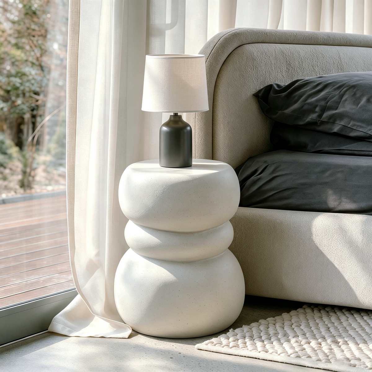 Modern Outdoor Side Table, Sculptural Patio Accent Table, White Concrete Look