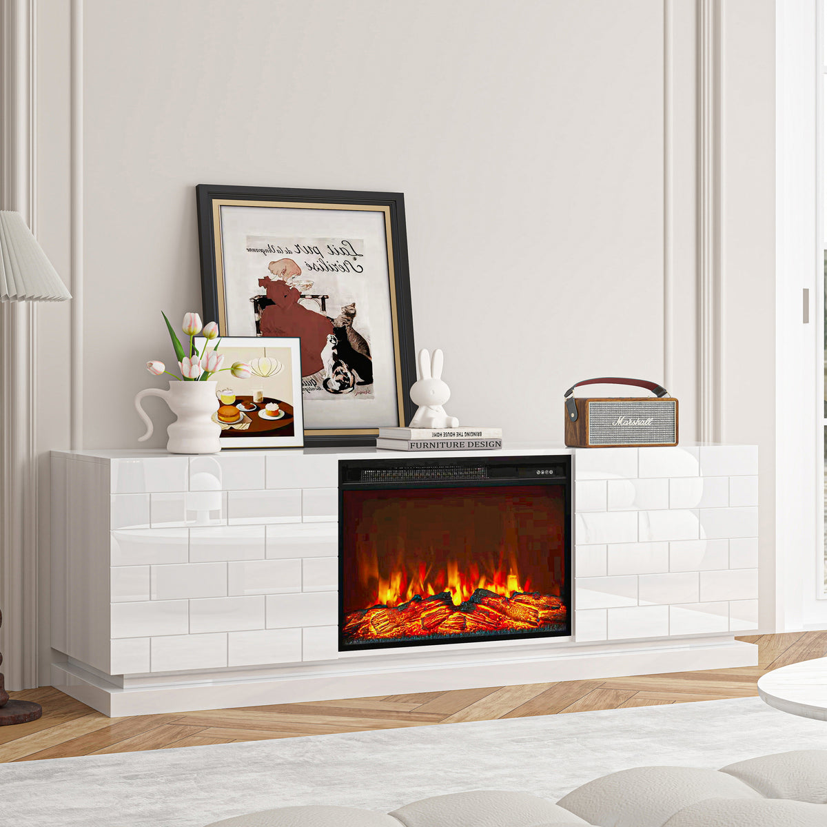 Mueble para TV de 63" con Chimenea Eléctrica - Consola Multimedia Moderna de Alto Brillo - Blanco