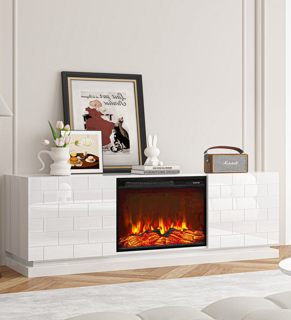 Mueble para TV de 63" con Chimenea Eléctrica - Consola Multimedia Moderna de Alto Brillo - Blanco