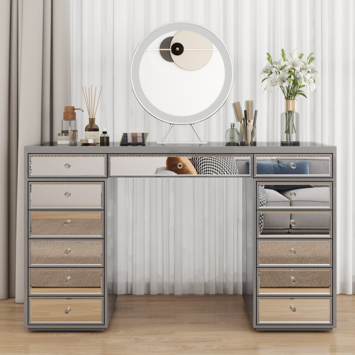 Mesa de tocador con espejo y tiradores de cristal – Escritorio de maquillaje negro de 13 cajones con paneles decorativos de cristal para el dormitorio