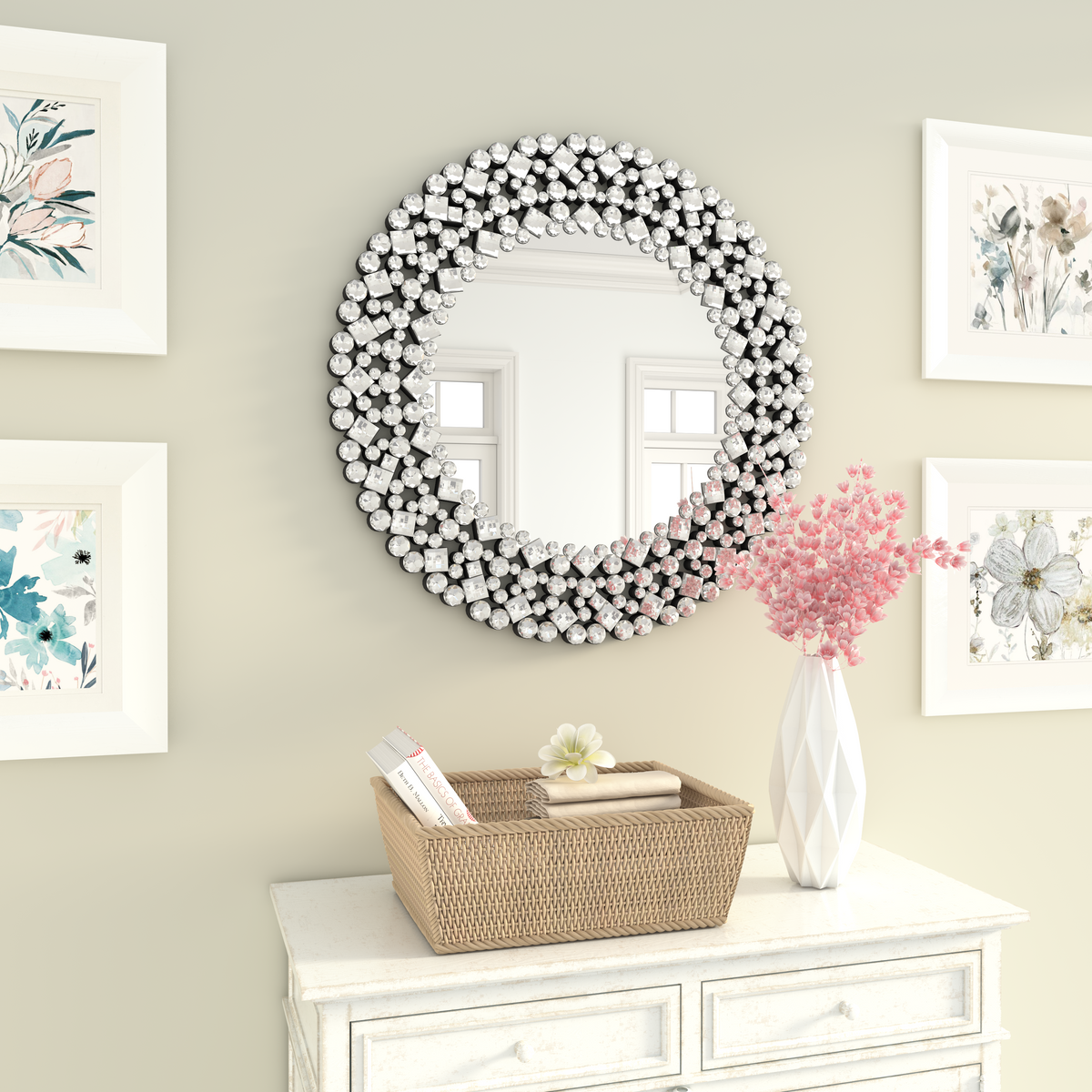 Round Gemstone Wall Mirror Modern Silver Glass Decorative Mirror