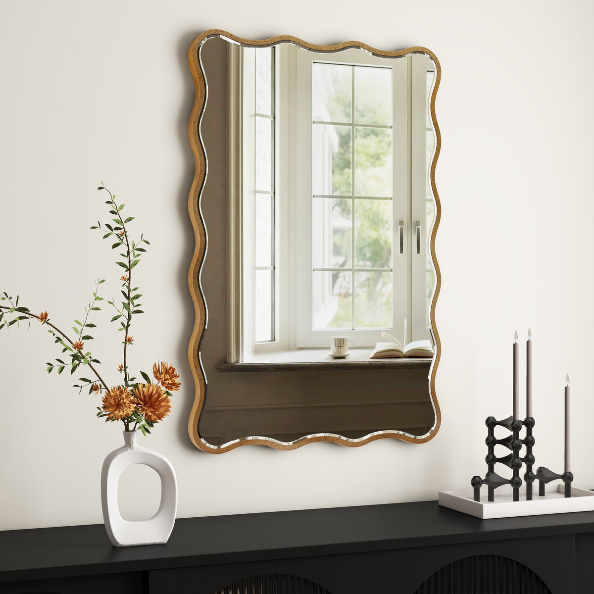 Antique Rectangle Wave Accent Wall Mirror Modern Gold Metal Mirror