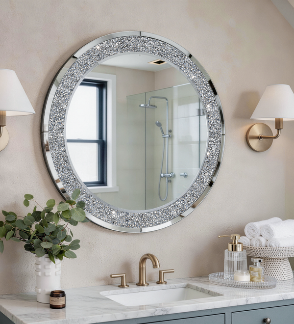 SHYFOY Runder großer Spiegel Wandspiegel mit Crushed Diamond für Wohnzimmer Silber