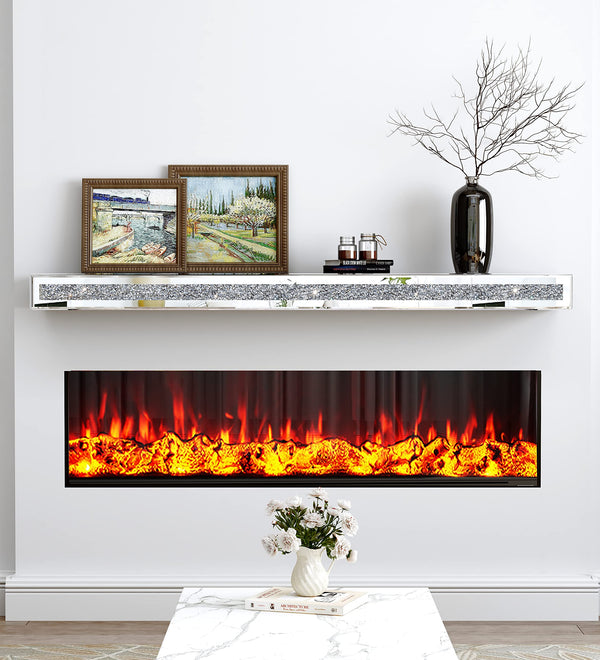 Fireplace Mantel, 48 Inch Mirrored Floating Shelf with Crystal Crushed Diamond Inlay