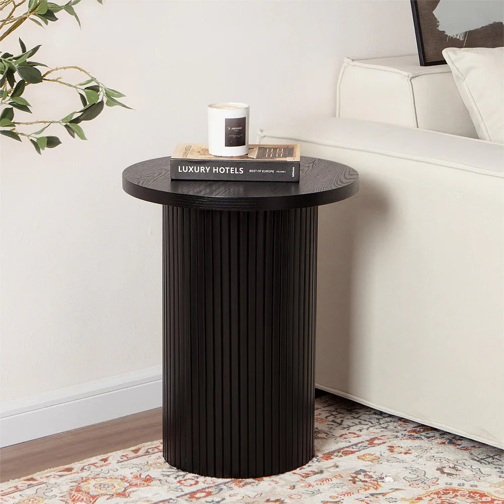 Black Round Wood End Table Fluted Pedestal Side Table