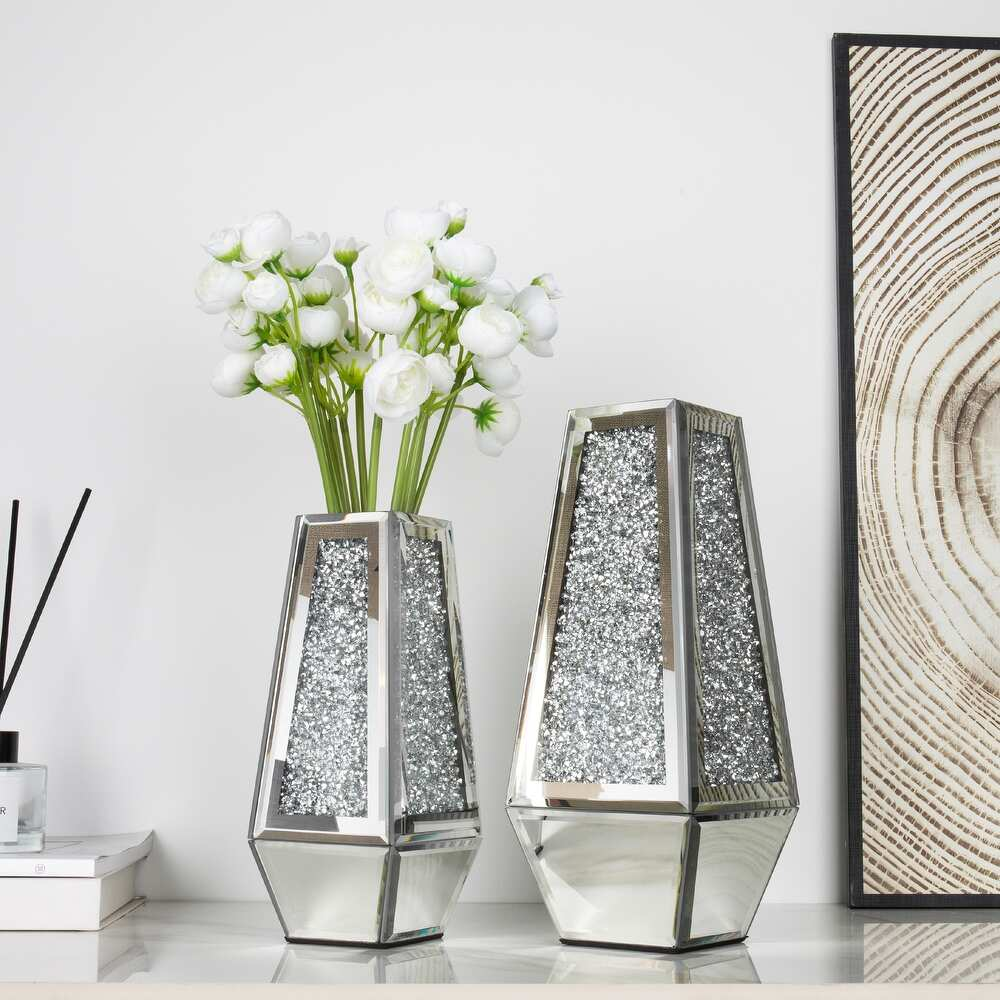 Juego de 2 jarrones de espejo con diamantes triturados, jarrones de flores de cristal plateado