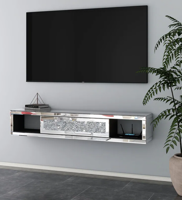 Verspiegeltes schwimmendes TV-Regal mit Crush-Diamanten zur Wandmontage