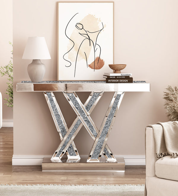Modern Console Table Mirrored Finished, Glam Style W Silver Entryway Table Inlay with Sparkly Crushed Crystals