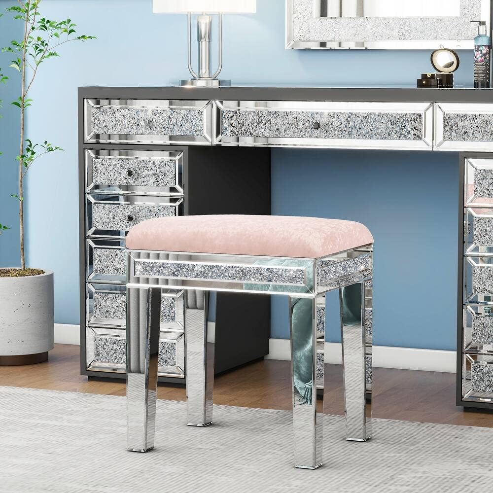 Pink Mirror Diamond Vanity Stool with Velvet Upholstered Seat