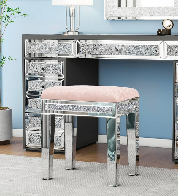 Pink Mirror Diamond Vanity Stool with Velvet Upholstered Seat