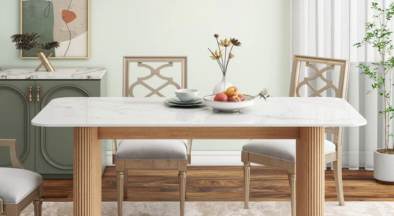 Marble Top Dining Table with Pedestal Grain Wood Base